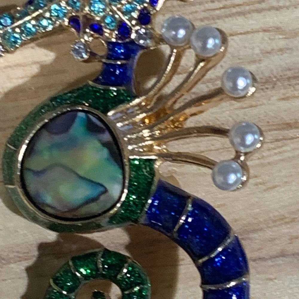 Maximalist Seahorse Brooch Women Blue Green Enamel Abalone Faux Pearl Nautical
